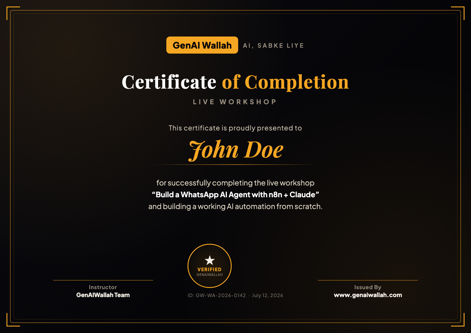 Sample GenAIWallah completion certificate